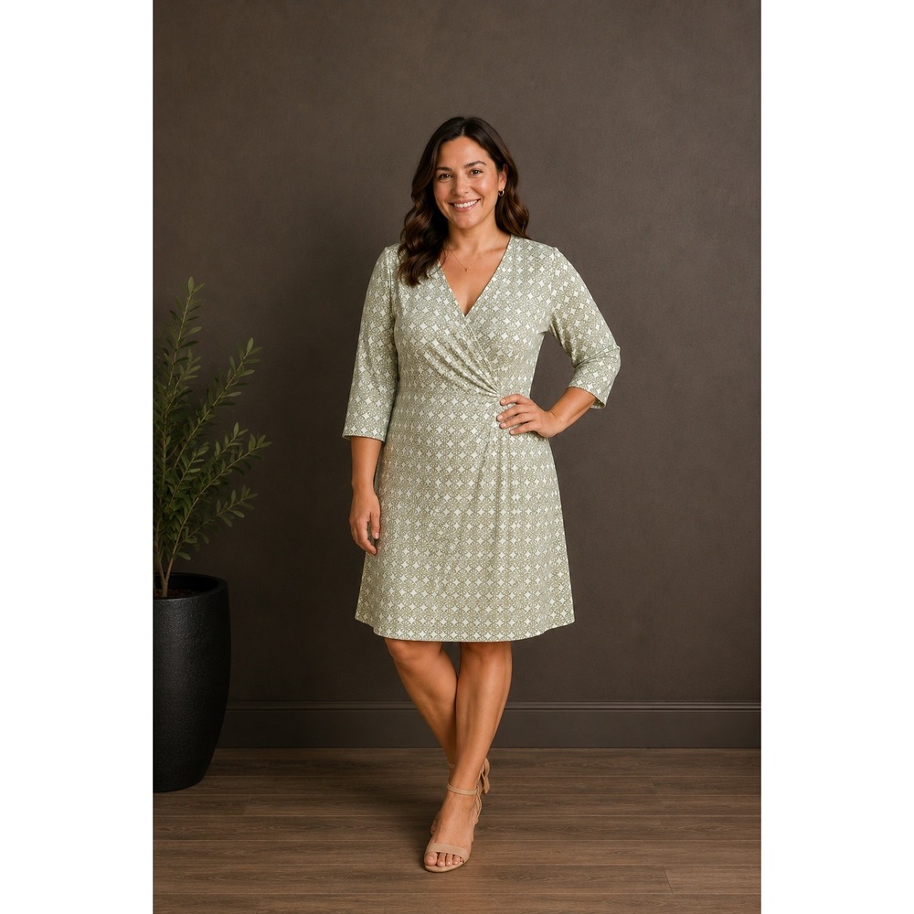 Sigrid Olsen Faux Wrap Jersey Knit Dress Womens Large Sage Green GeoPrint Office